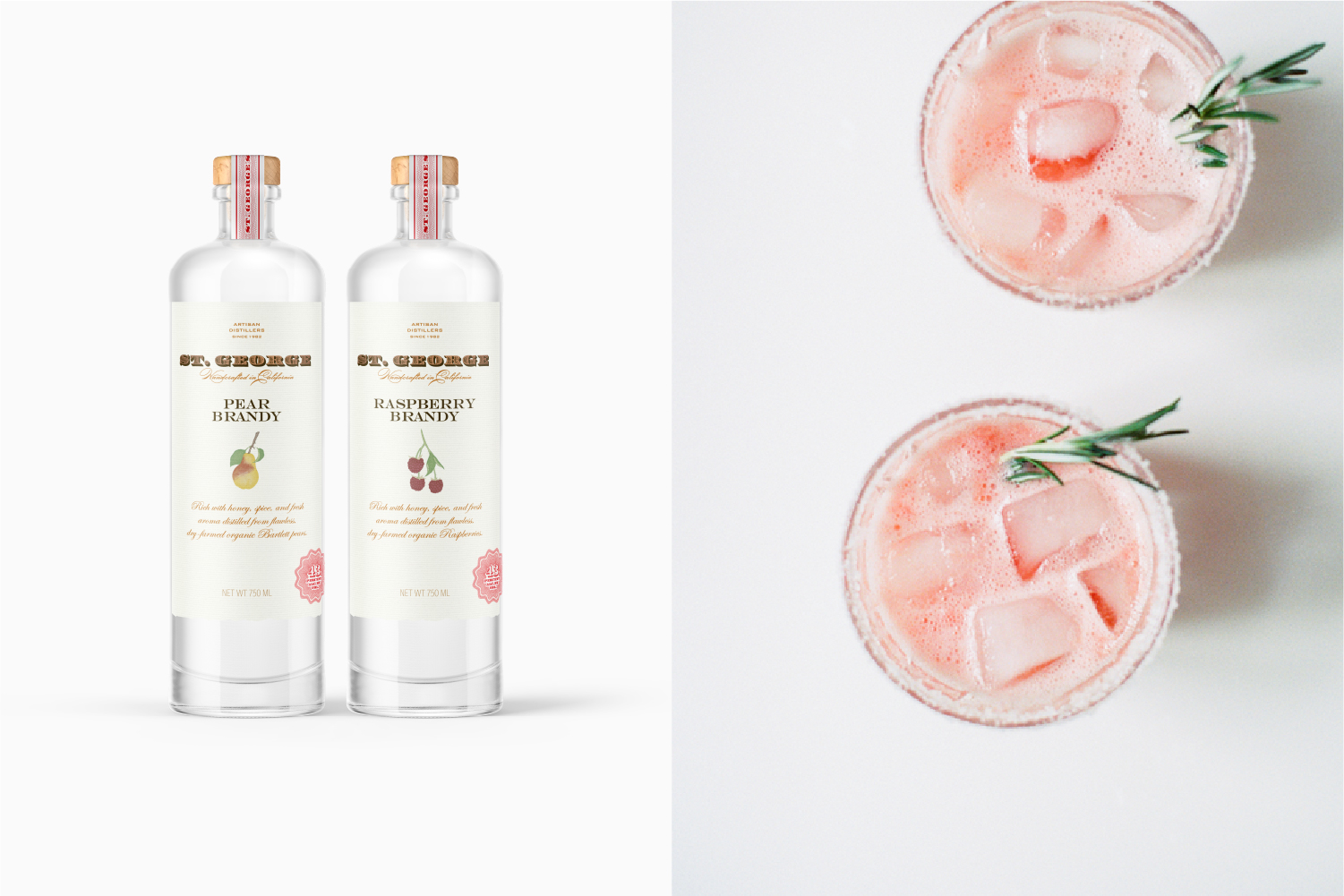 St. George Spirits Pear and Raspberry Brandy packaging design concepts.