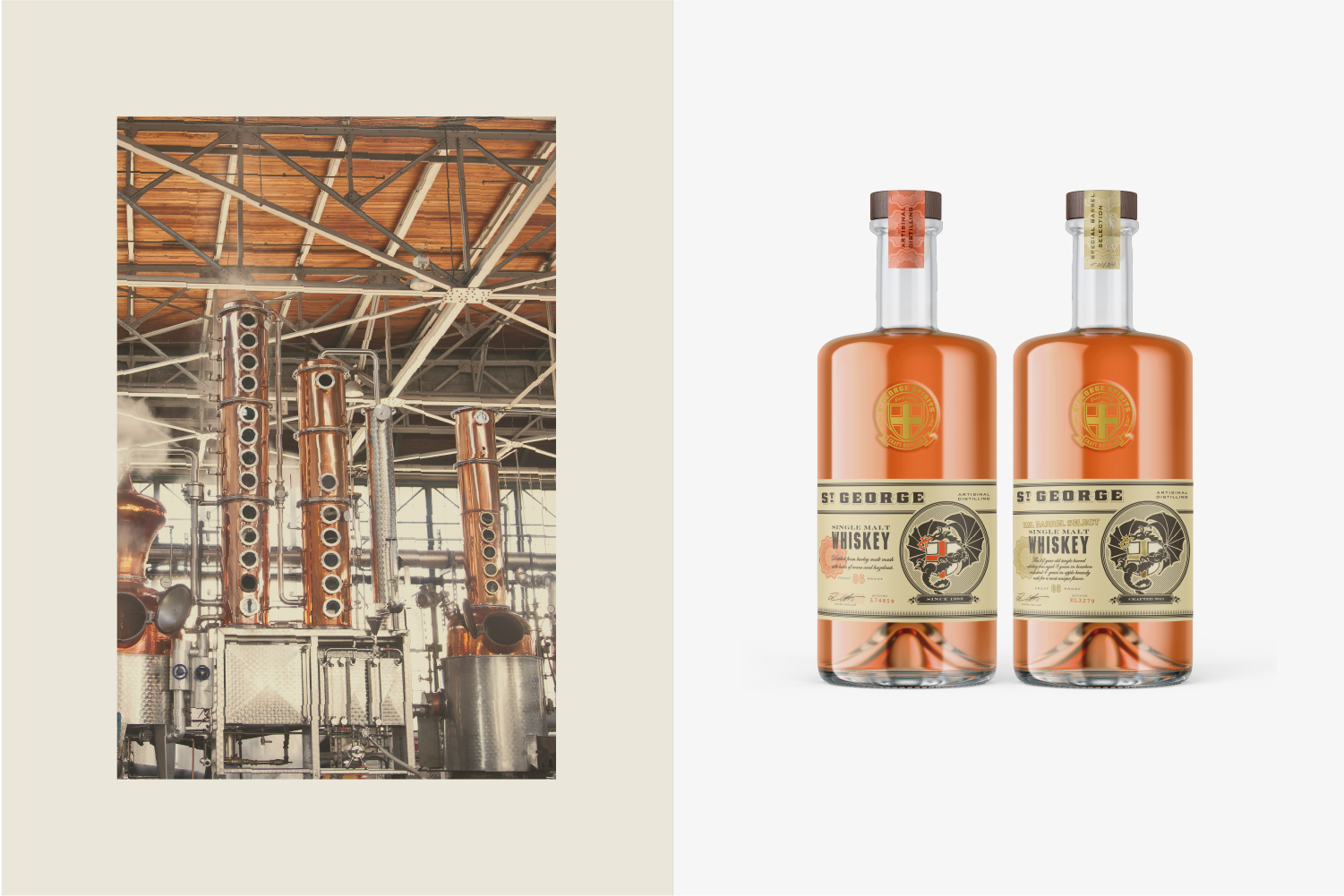St. George Spirits Single Malt Whiskey Packaging concept and St. George Spirits distillery interior.