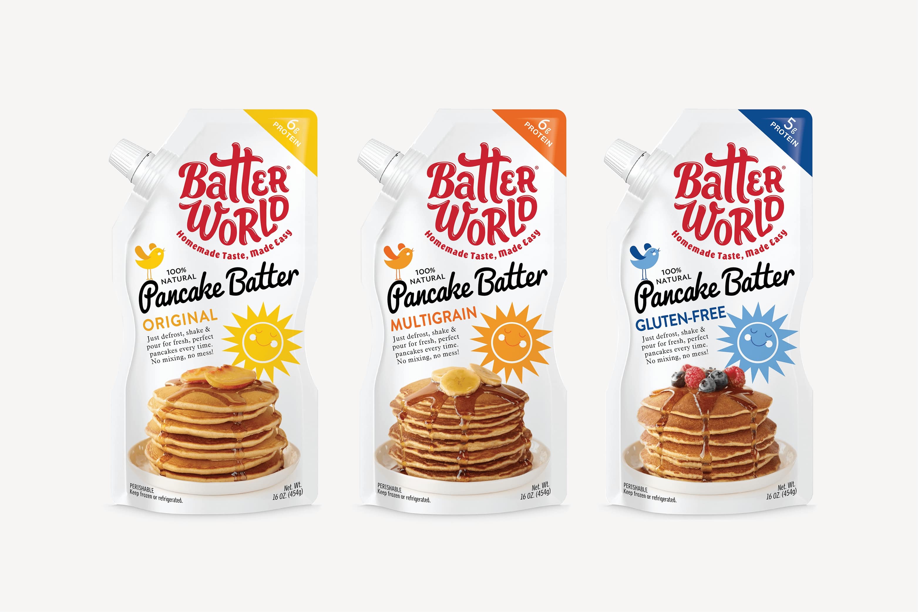 3 pouches of Batter World 100% Natural Panake Batter. It comes in Original, Multigrain and Gluten-Free.