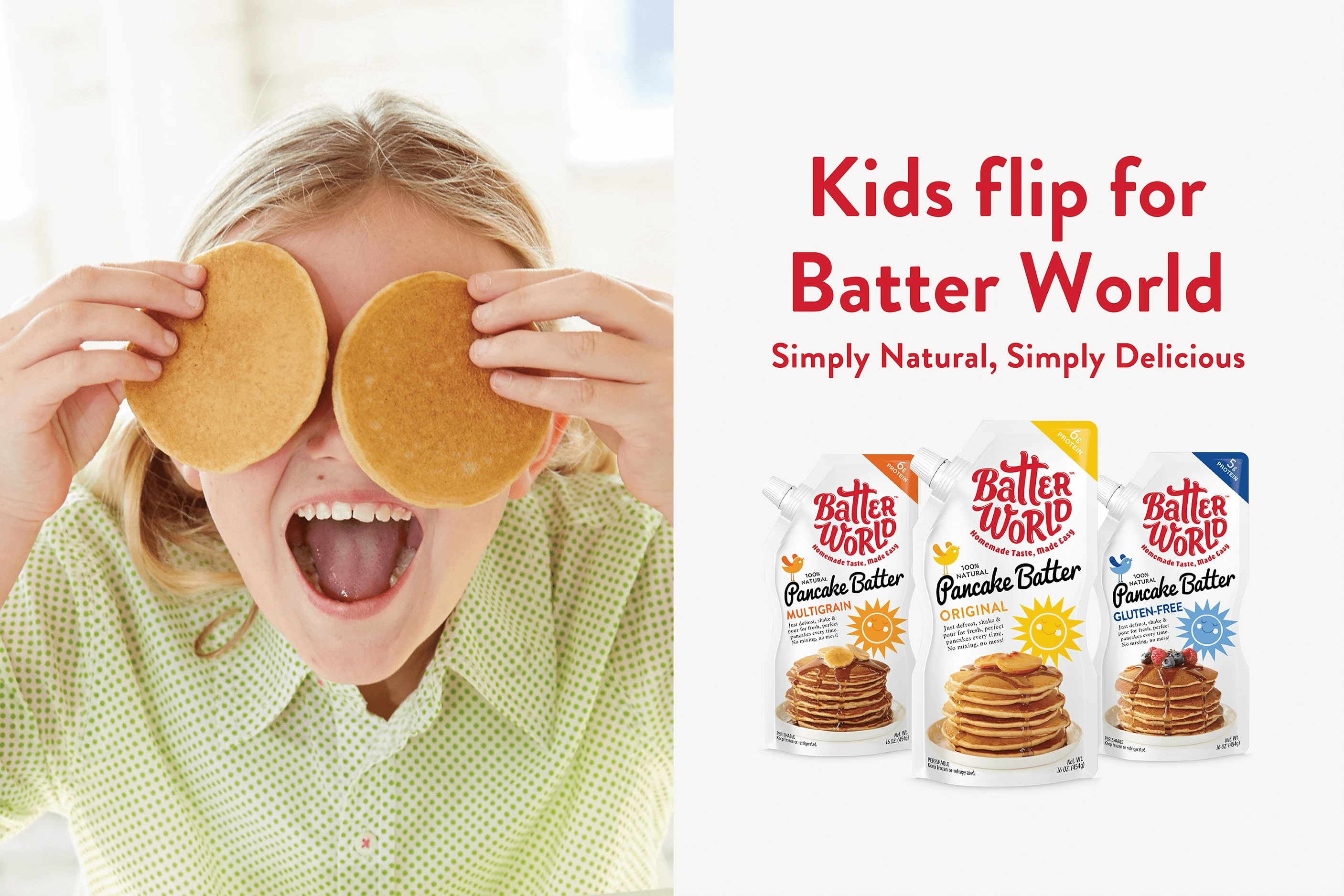 A young girl flipping for Batter World pancake Mix.