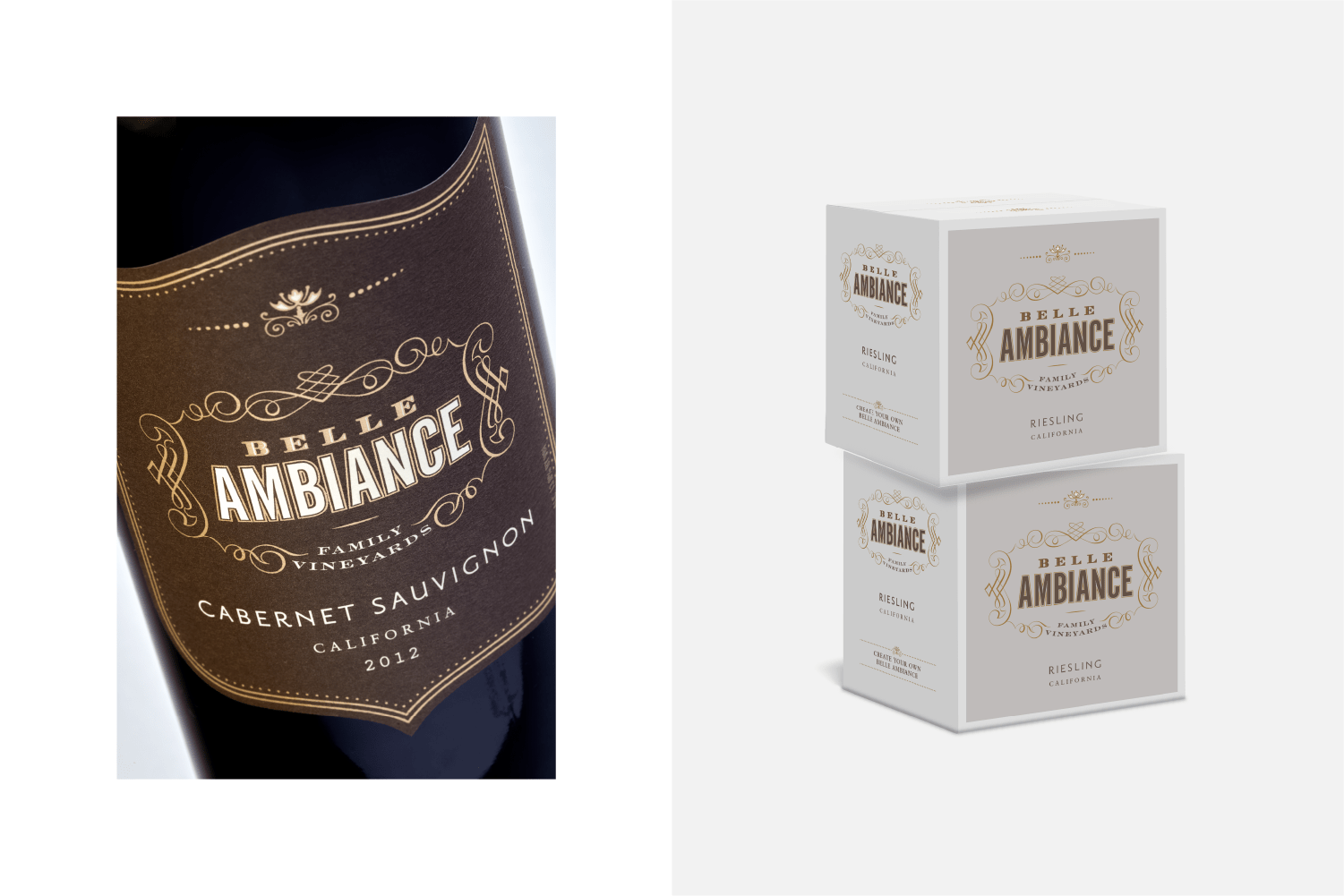 Belle Ambiance Cabernet Savignon and branded shipper cartons. 