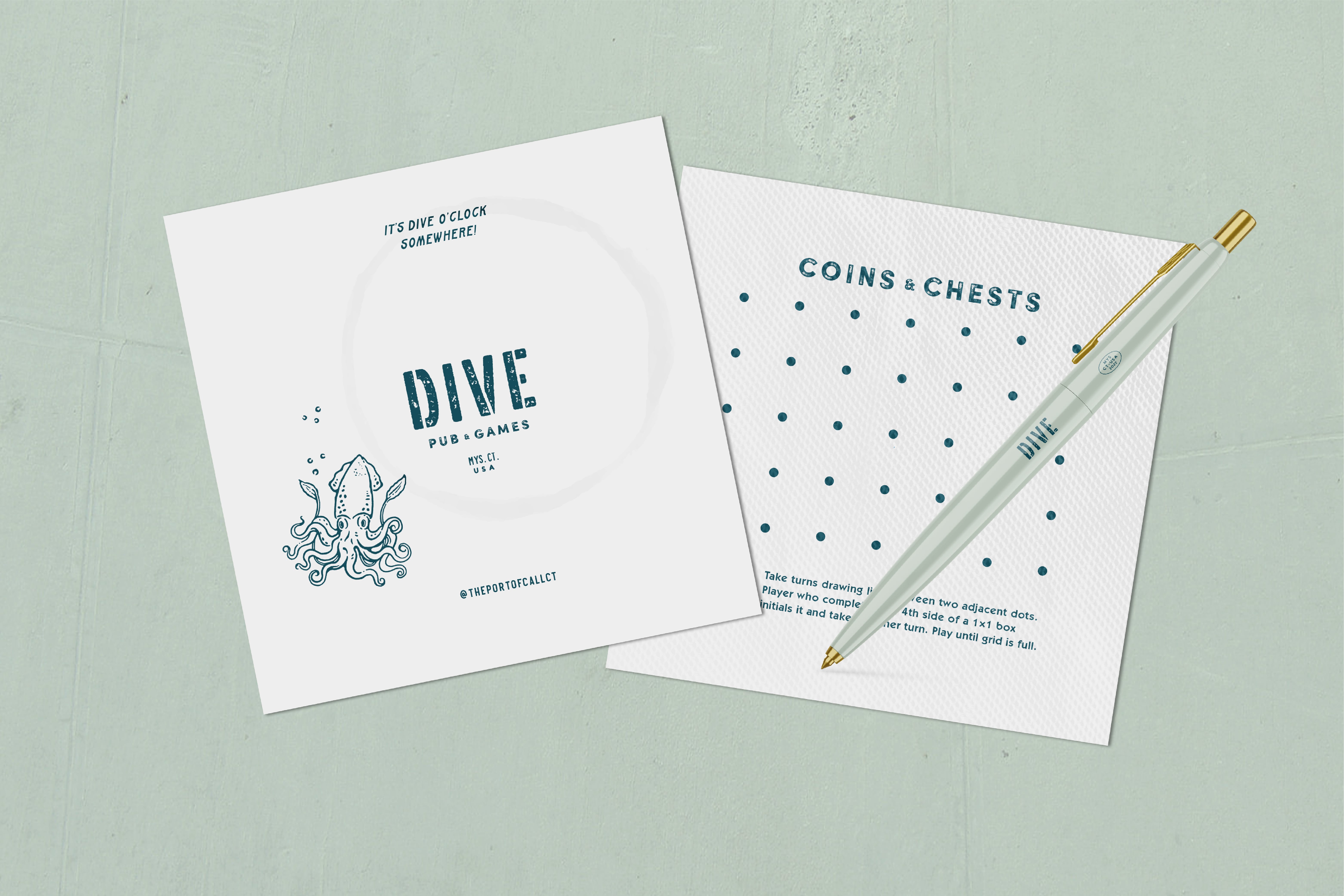 Dive cocktail napkins with Coins & Chests game. 