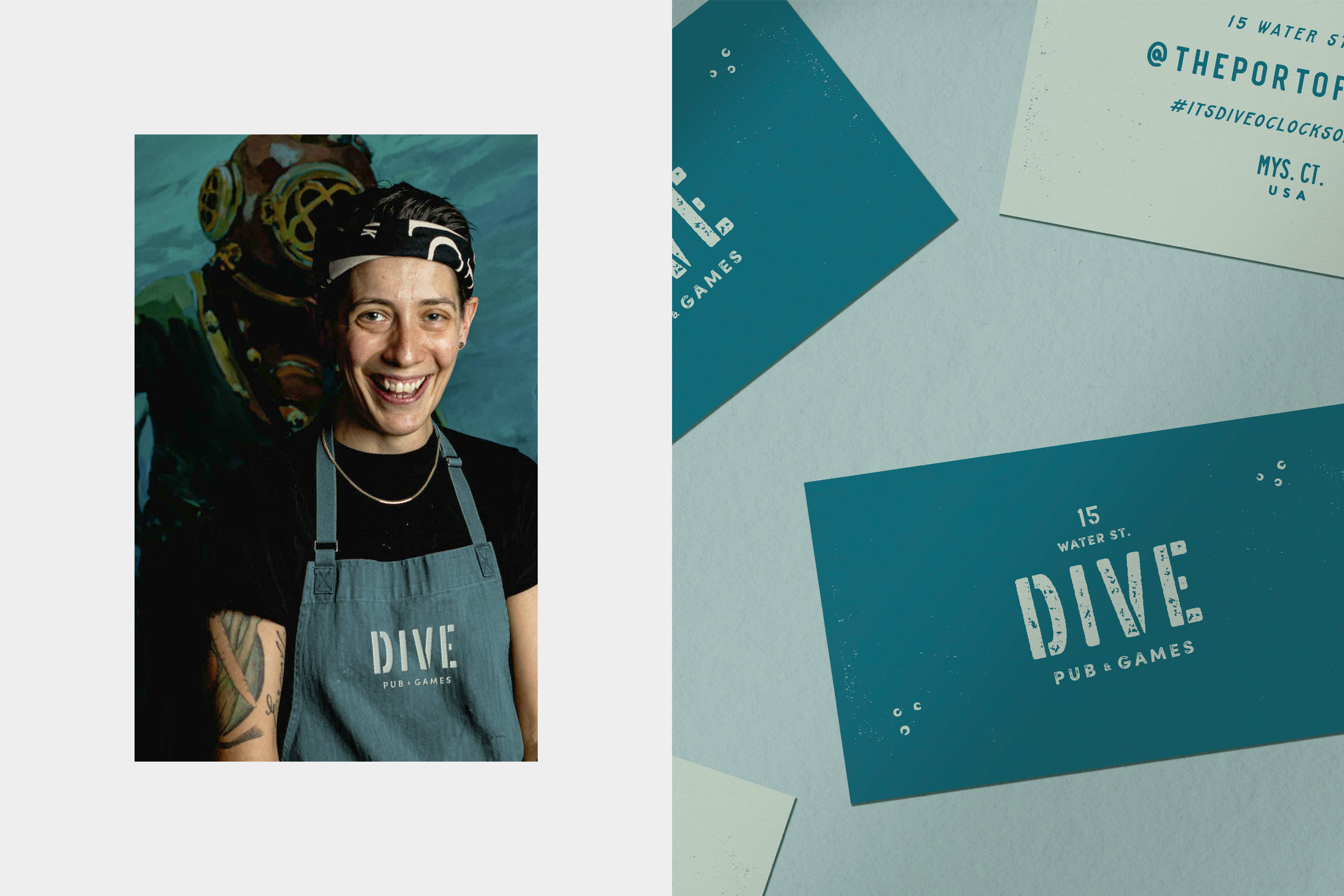 Dive Business cards and apron donned by James Beard Award Finalist, Outstanding Chef 2024 Renee Touponce. 