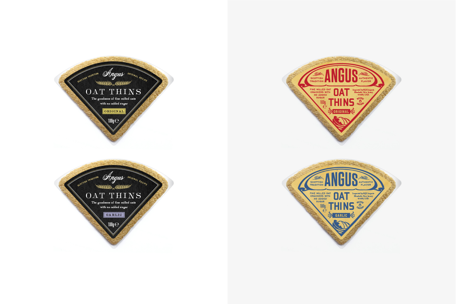 Alternate Angus Oat thins packaging design concepts leaning more artisan and homespun. 