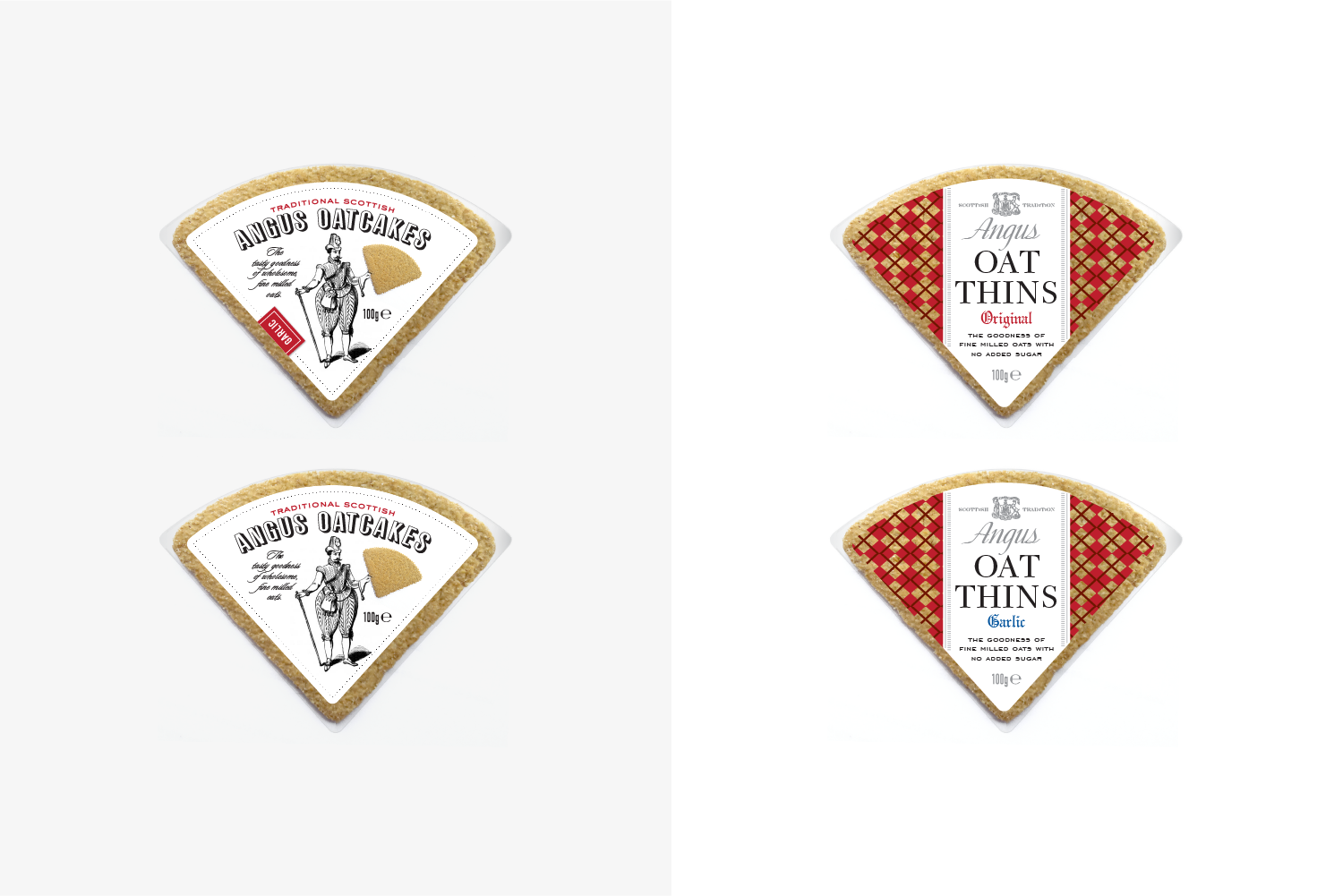 Alternate Angus Oat thins packaging design concepts infusing humor and scottish plaid pattern. 
