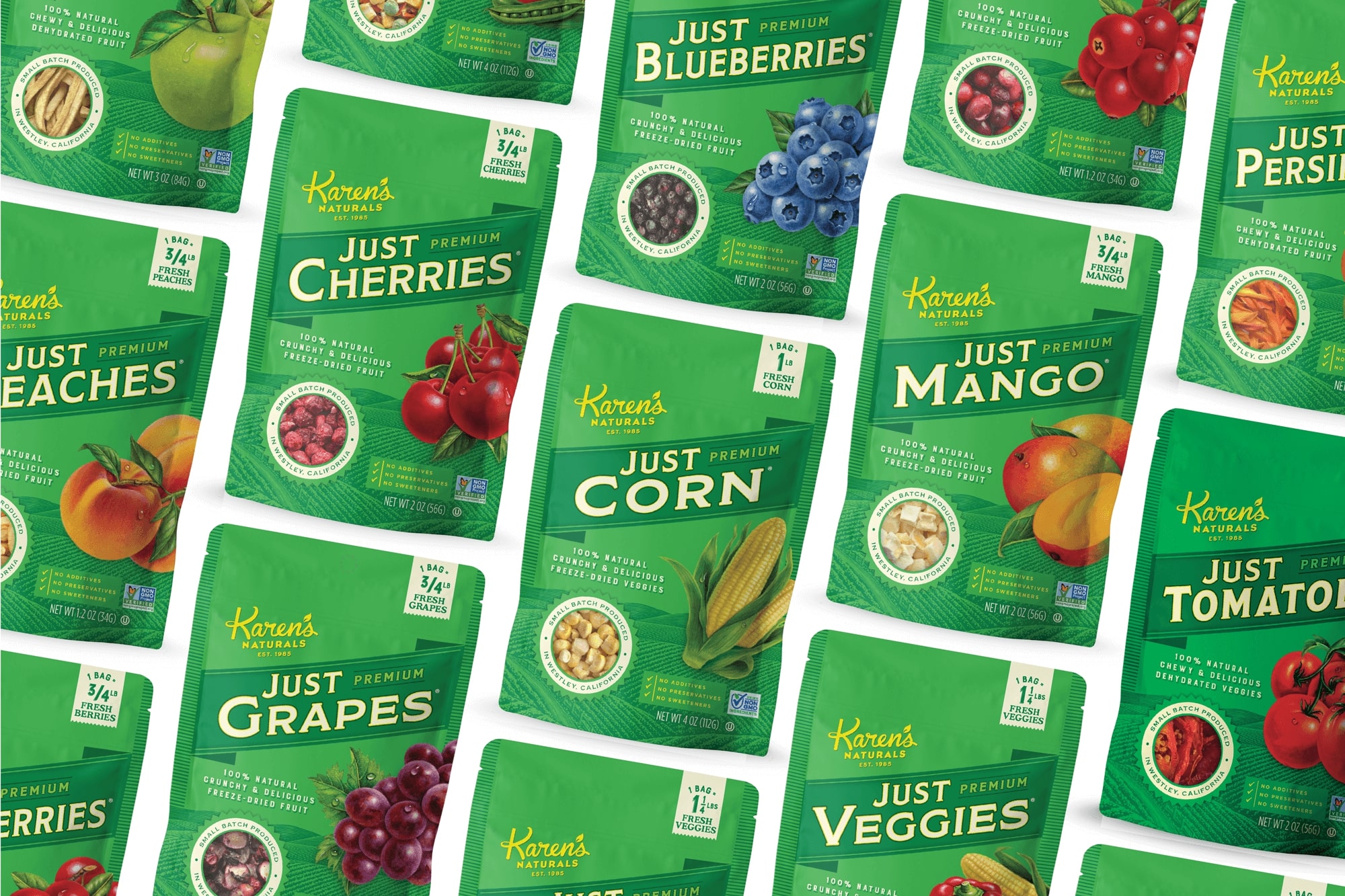 Karen's Naturals new packaging. Lot's of California produce: cherry, blueberry, peaches, grapes, corn, mango, tomatoes, and apple.  