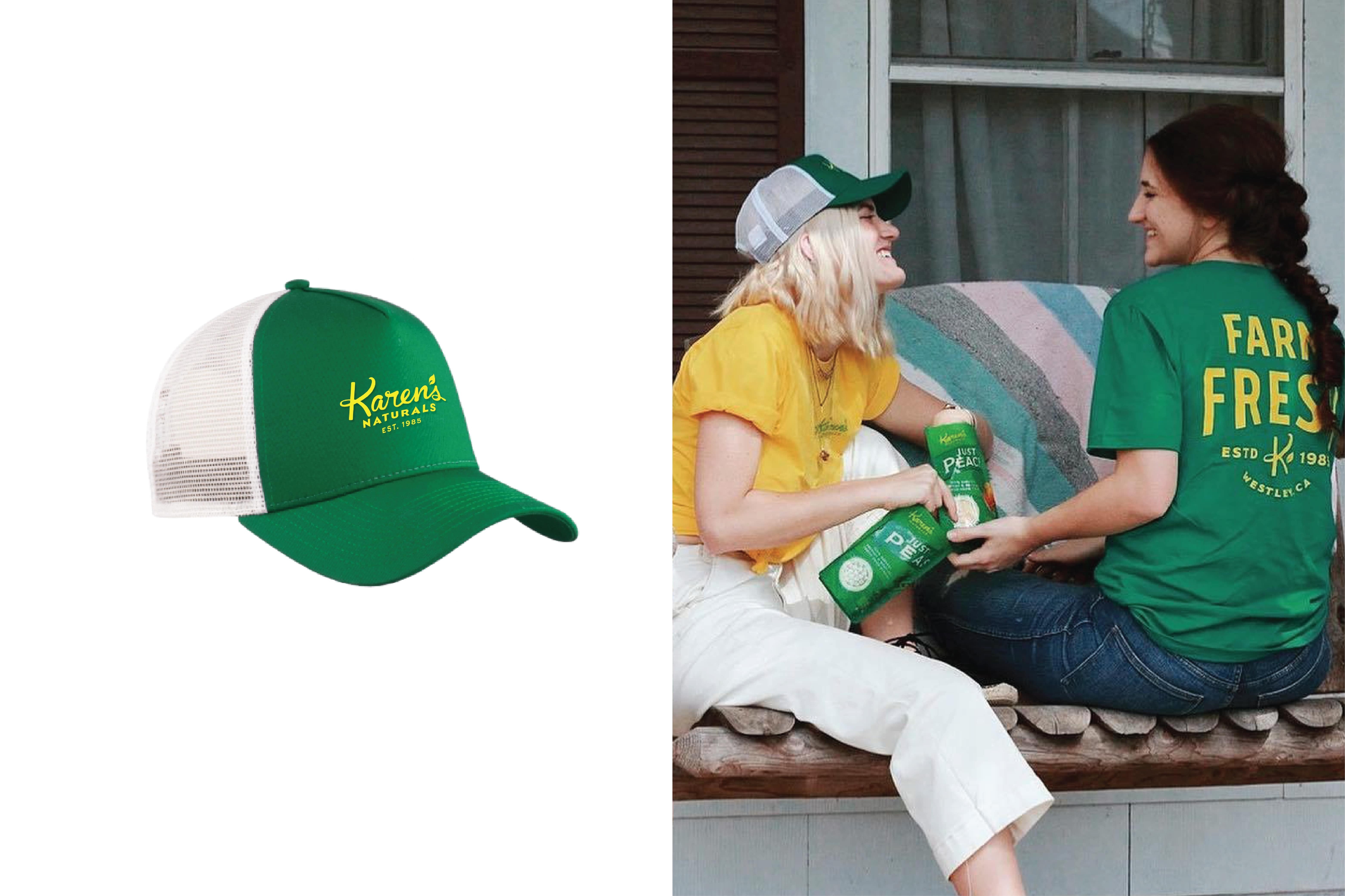 Karen's Naturals branded merchandise: trucker hats and tees. 