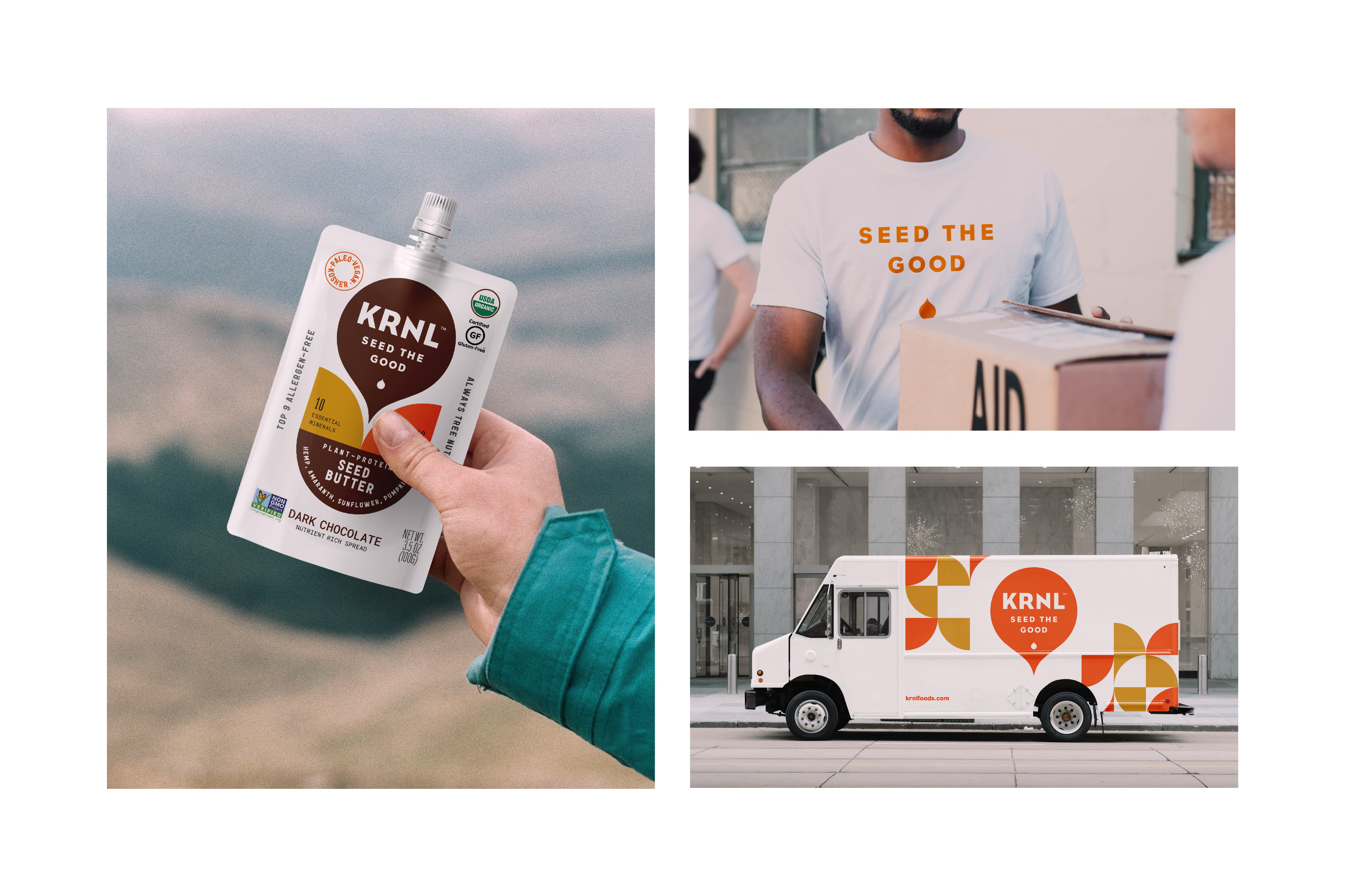 Hand holding a KRNL pouch outdoors. KRNL t-shirt and KRNL truck. 