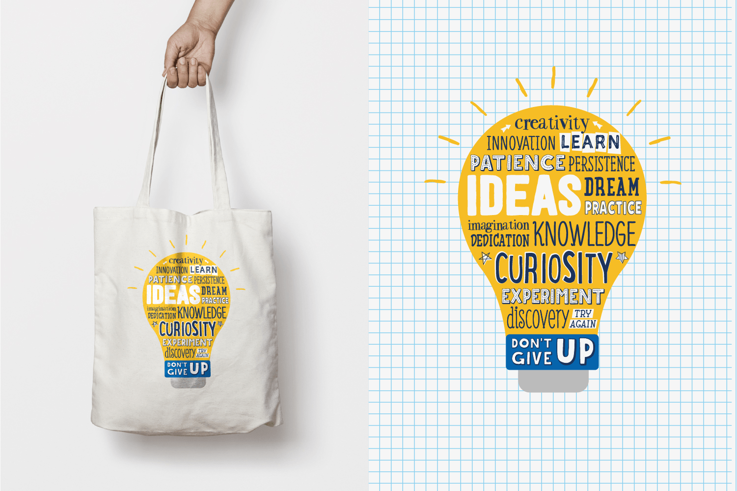 Little Passports Science Expedition lightbulb tote bag featuring inspirational phrases about creativity and innovation requiring patience and persistence. 