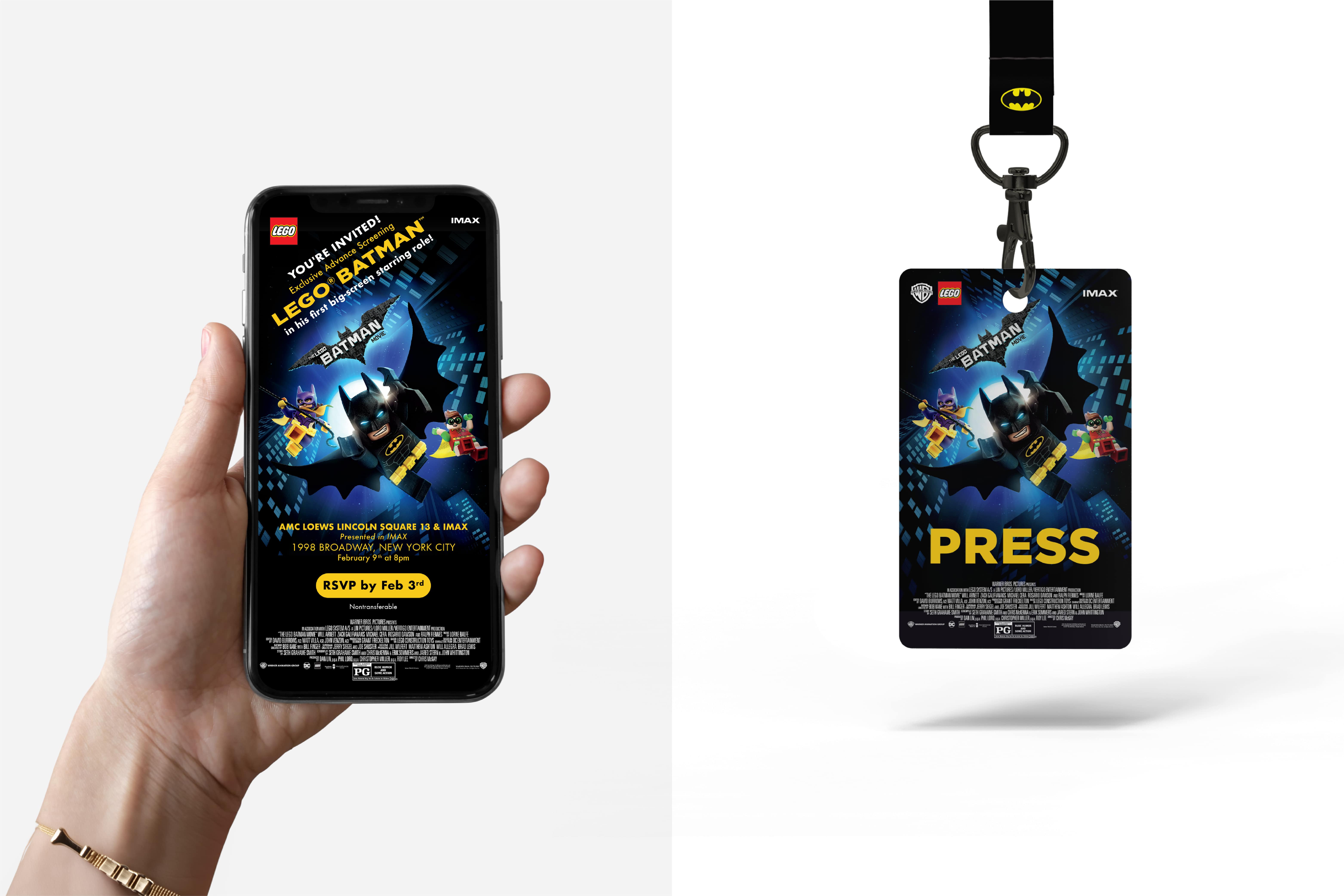 Mobile invitaion and Press Pass for the LEGO Batman feature film designed by Juli Shore Design.