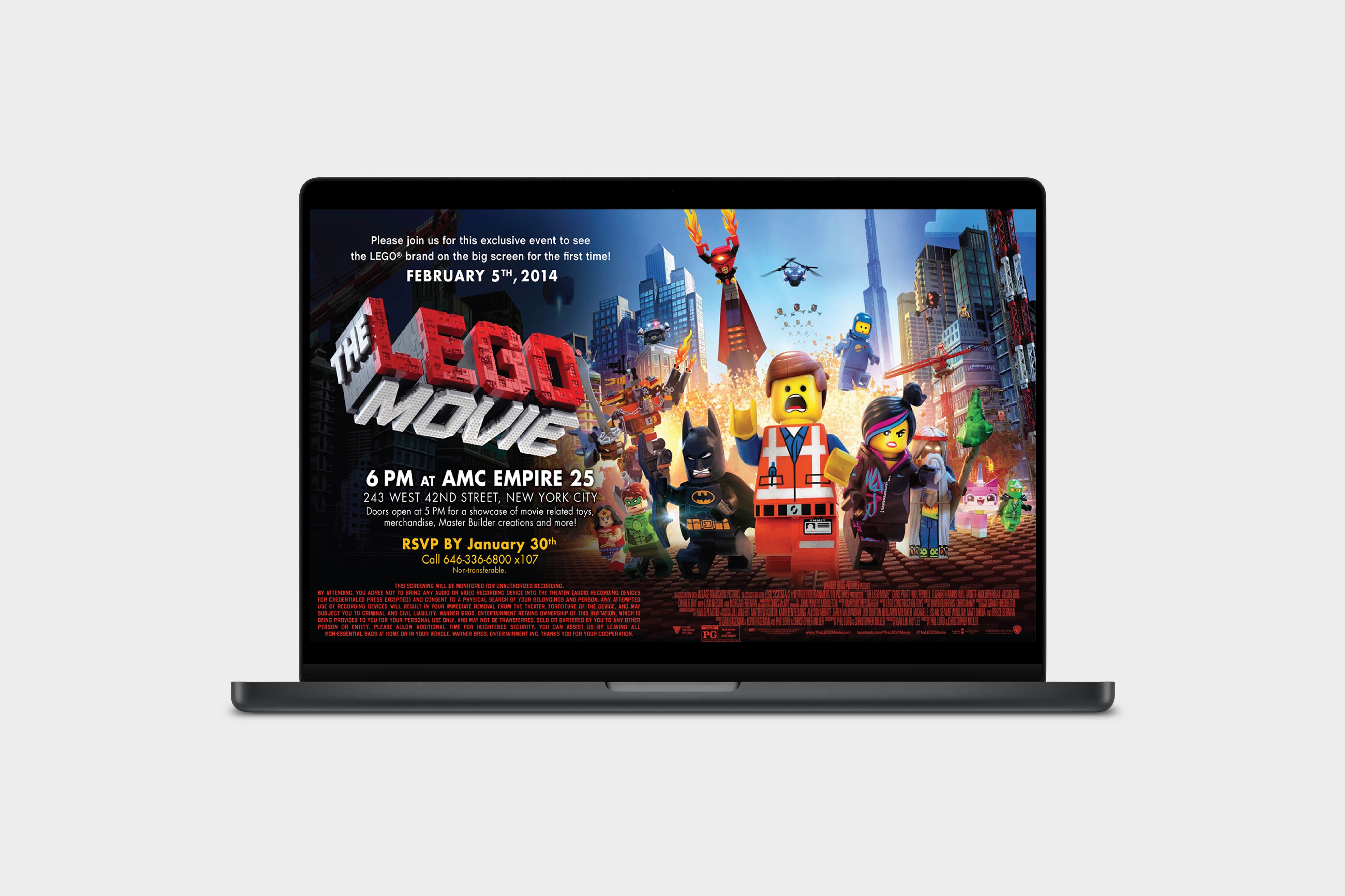 Digital invitaion for an exclusive prescreening of the LEGO movie designed by Juli Shore Design.