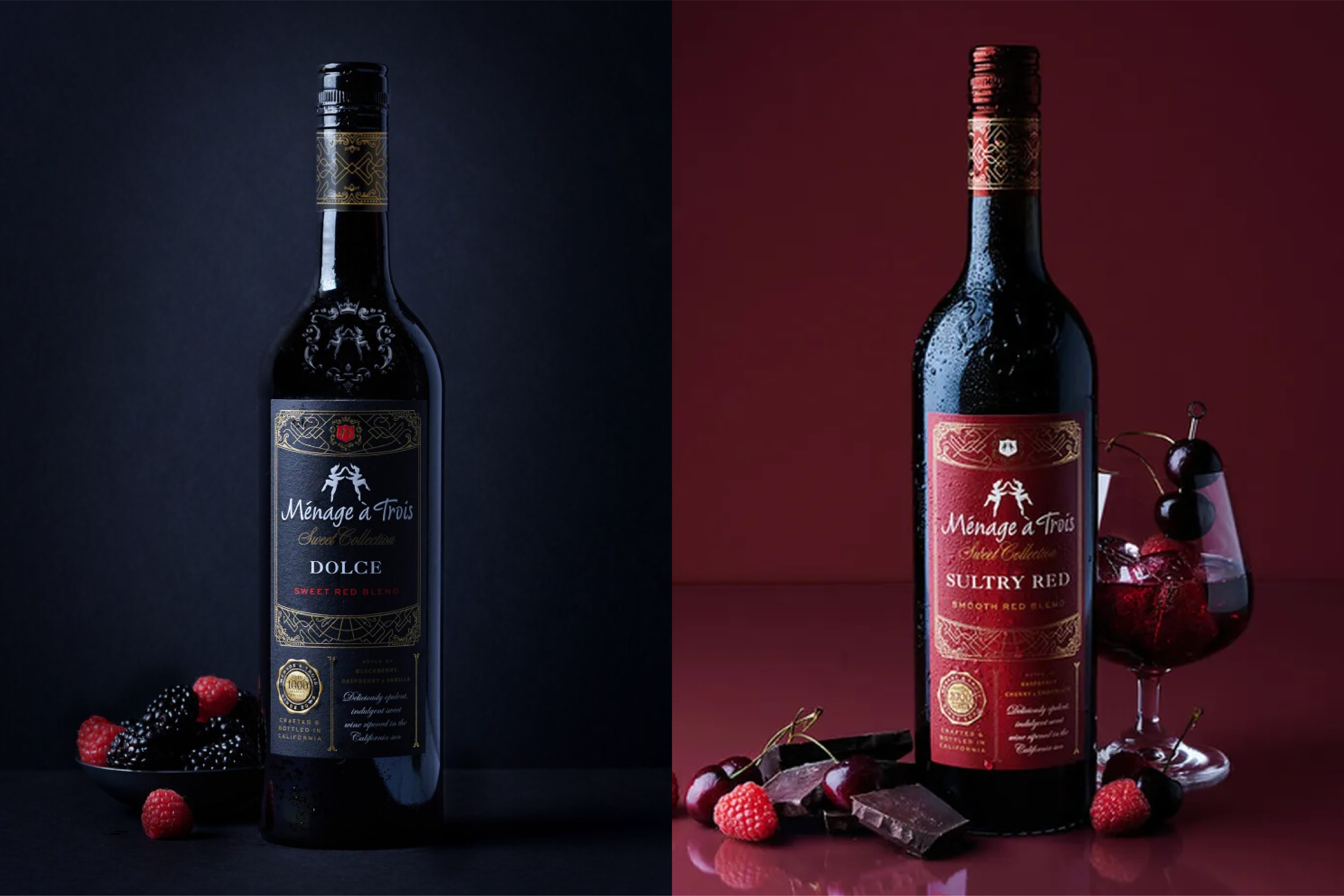 Menage a Trois Sultry Red and Dolce Sweet Wine Collection designed by Juli Shore Design. 