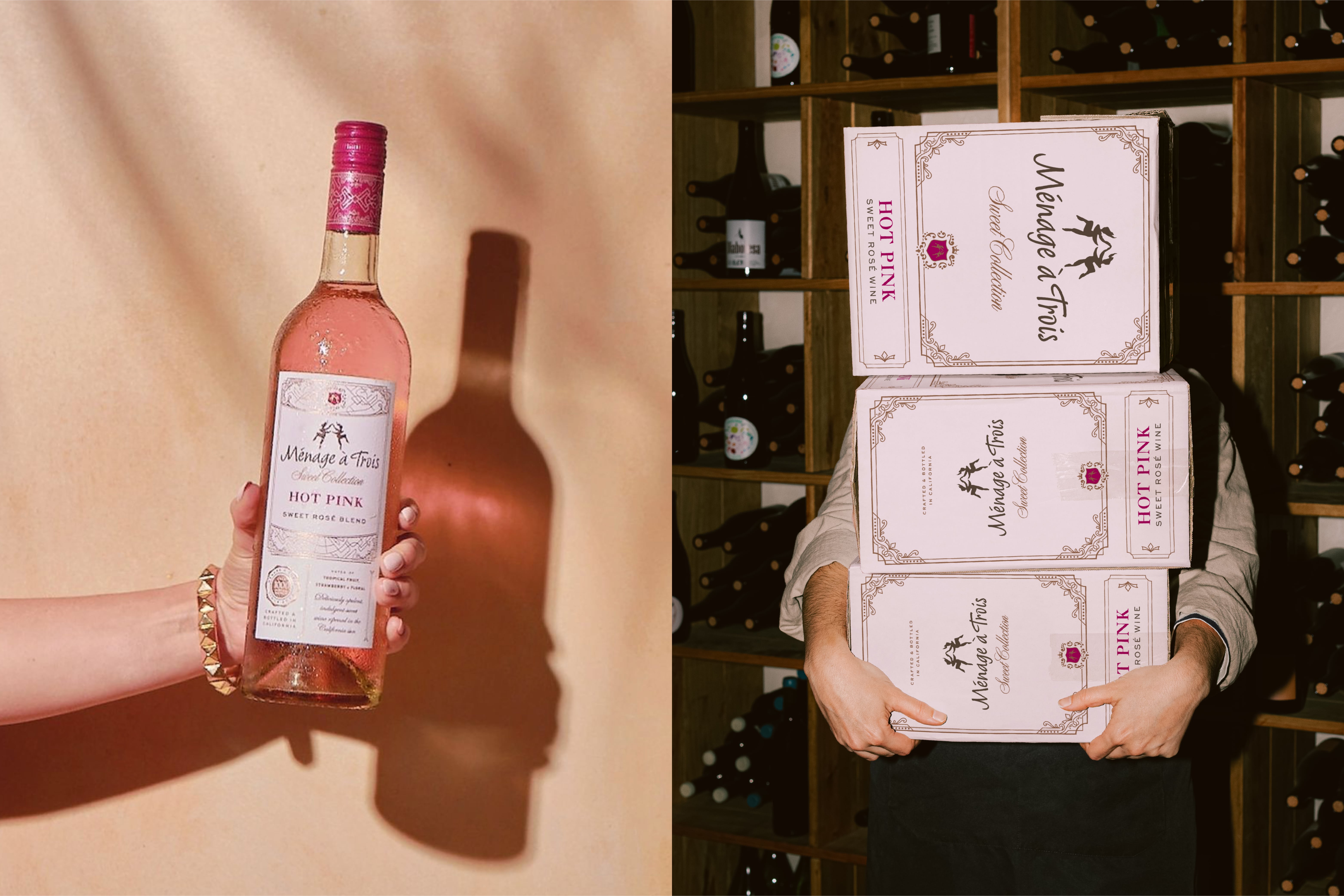 Menage a Trois Sultry Hot Pink Sweet Wine Collection, bottles and shipper cartons designed by Juli Shore Design.