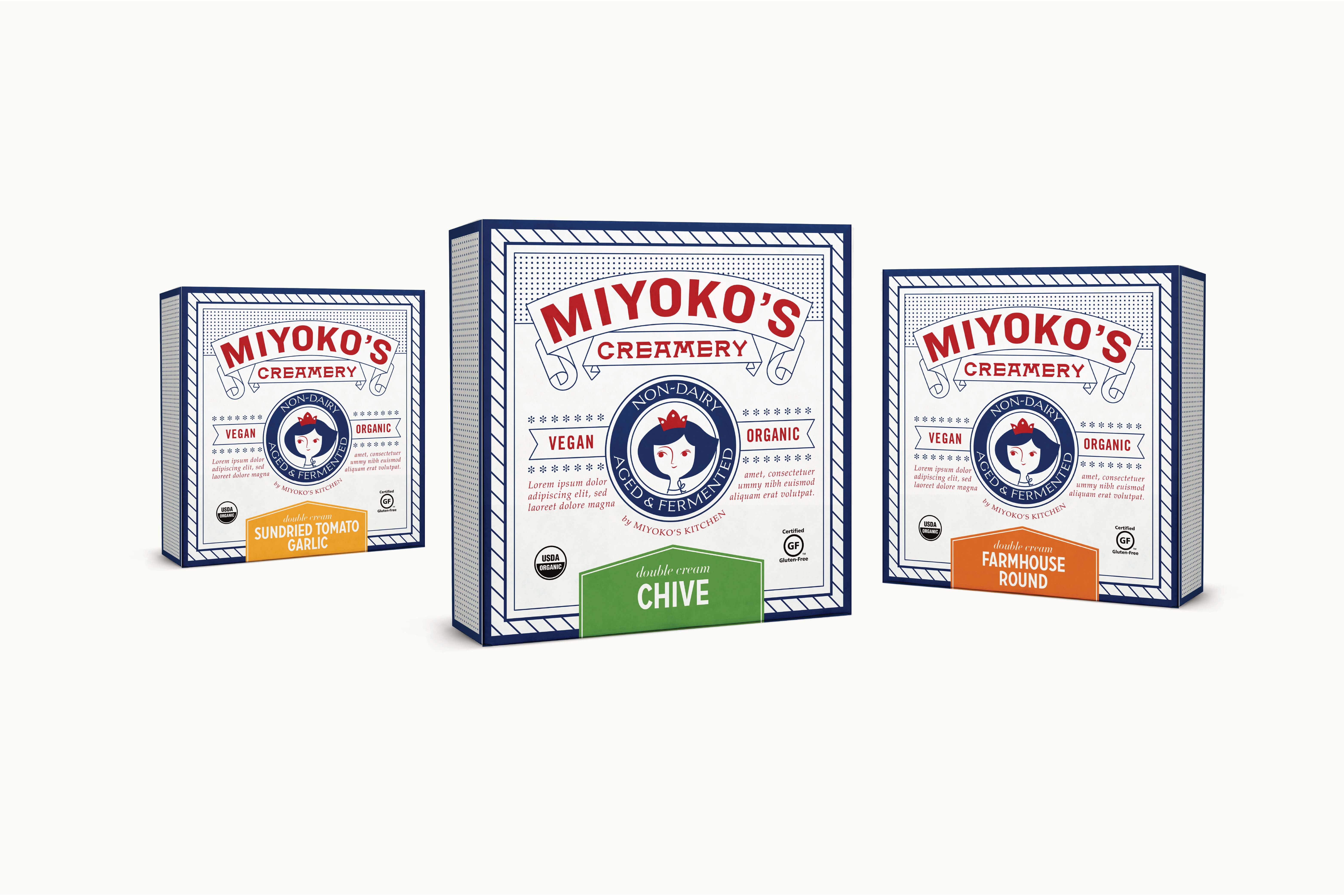 Runner up Miyoko's Creamery packaging design concept featuring a caricature of the founder, Miyoko. 