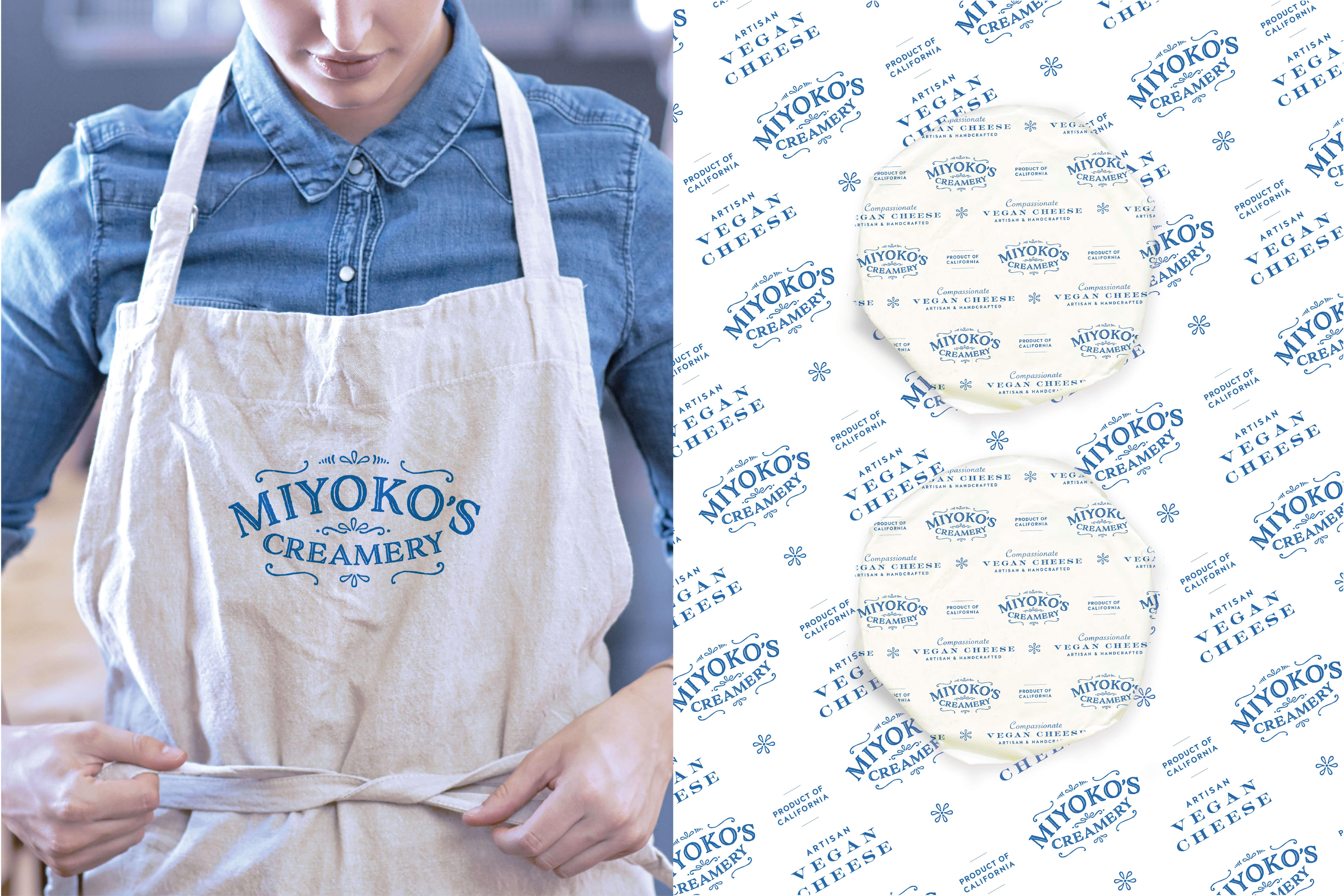 Miyoko's Creamery branded Apron and waxpaper wrapped cheese rounds. 