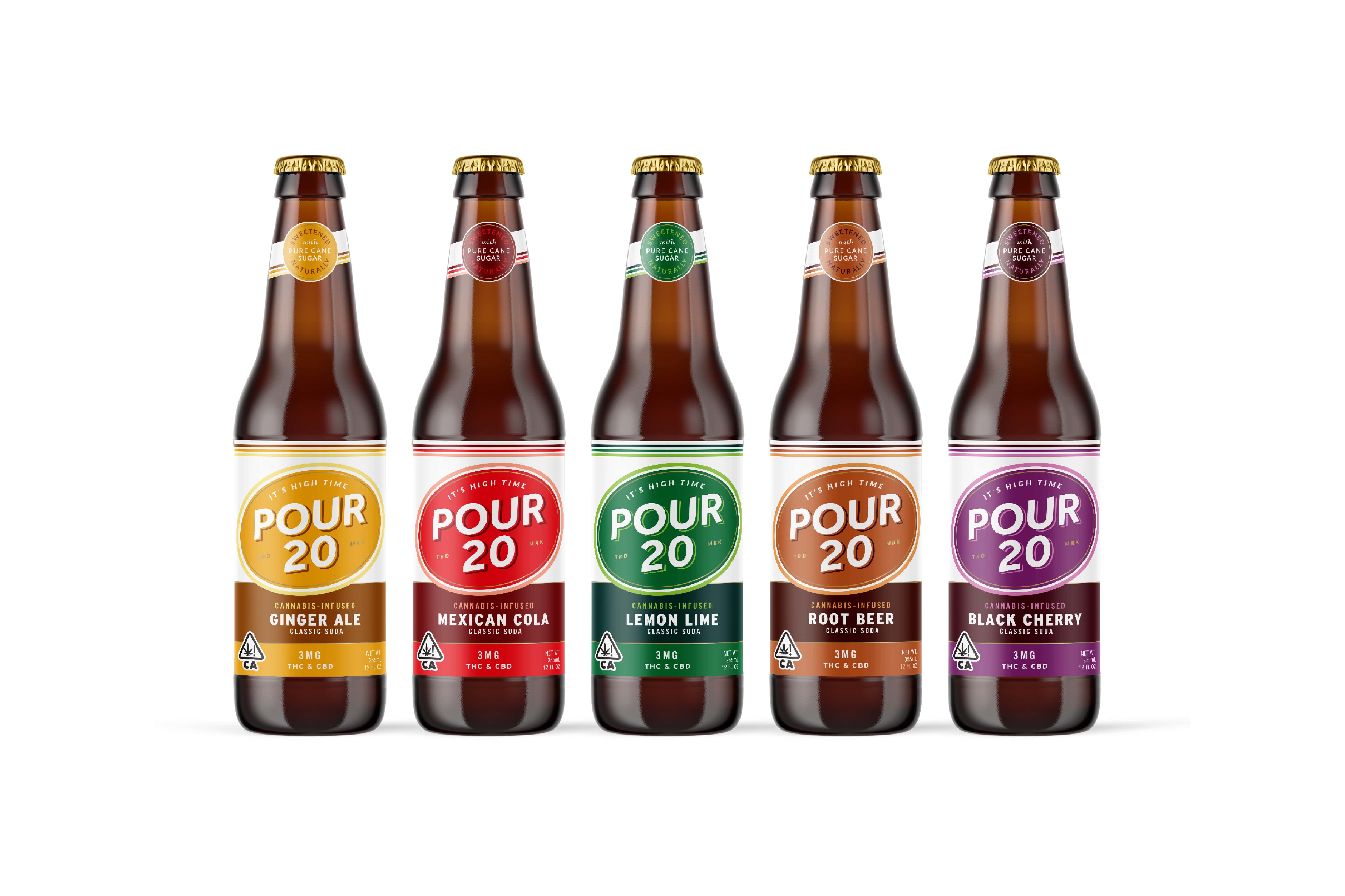 Pour 20, Cannabis-infused sodas in the classic flavors - ginger ale, mexican cola, lemon-lime, root beer and black cherry   