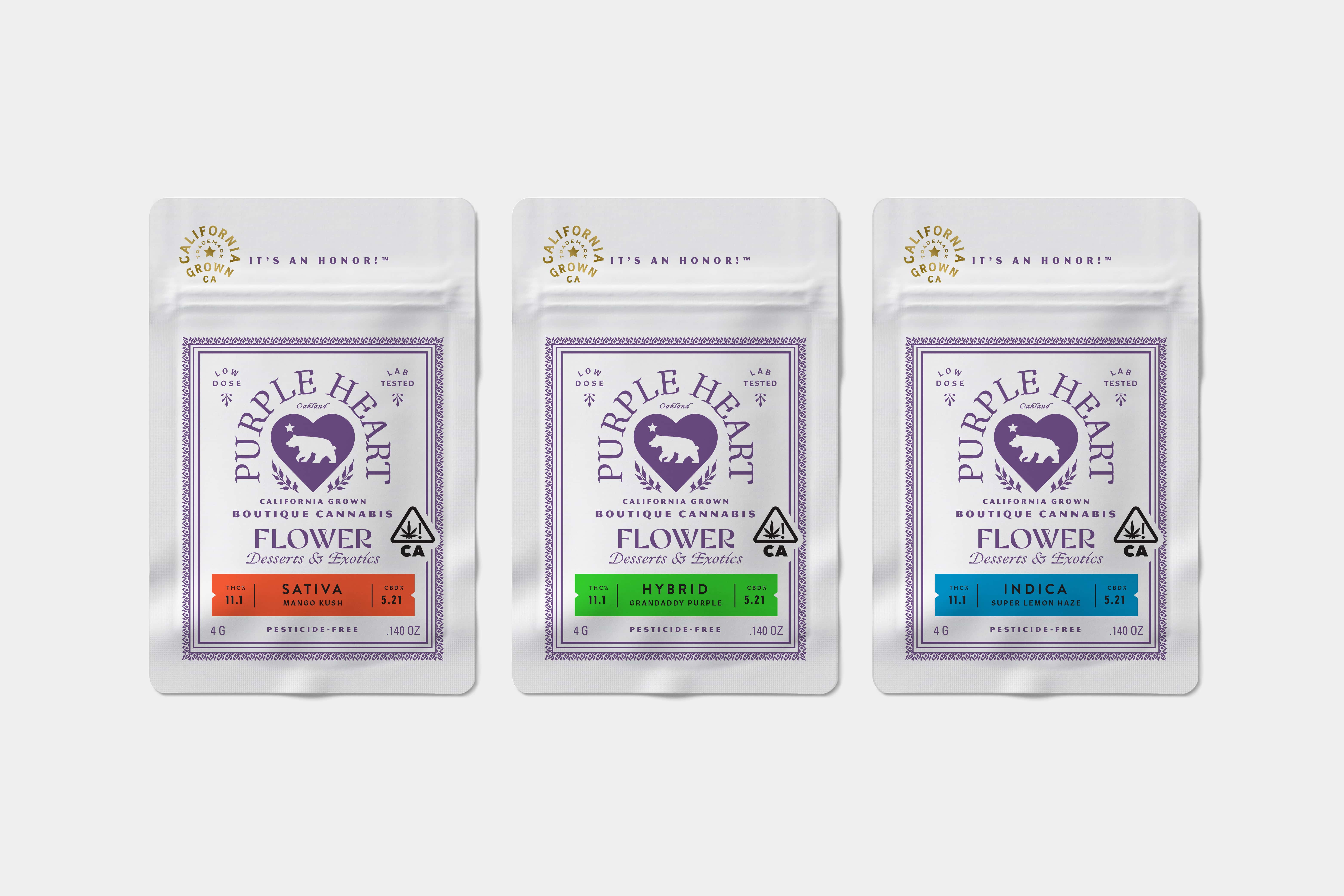 Purple Heart Boutique Cannabis flower in Sativa, Indica and Hybrid— packaging design by Juli Shore Design. 