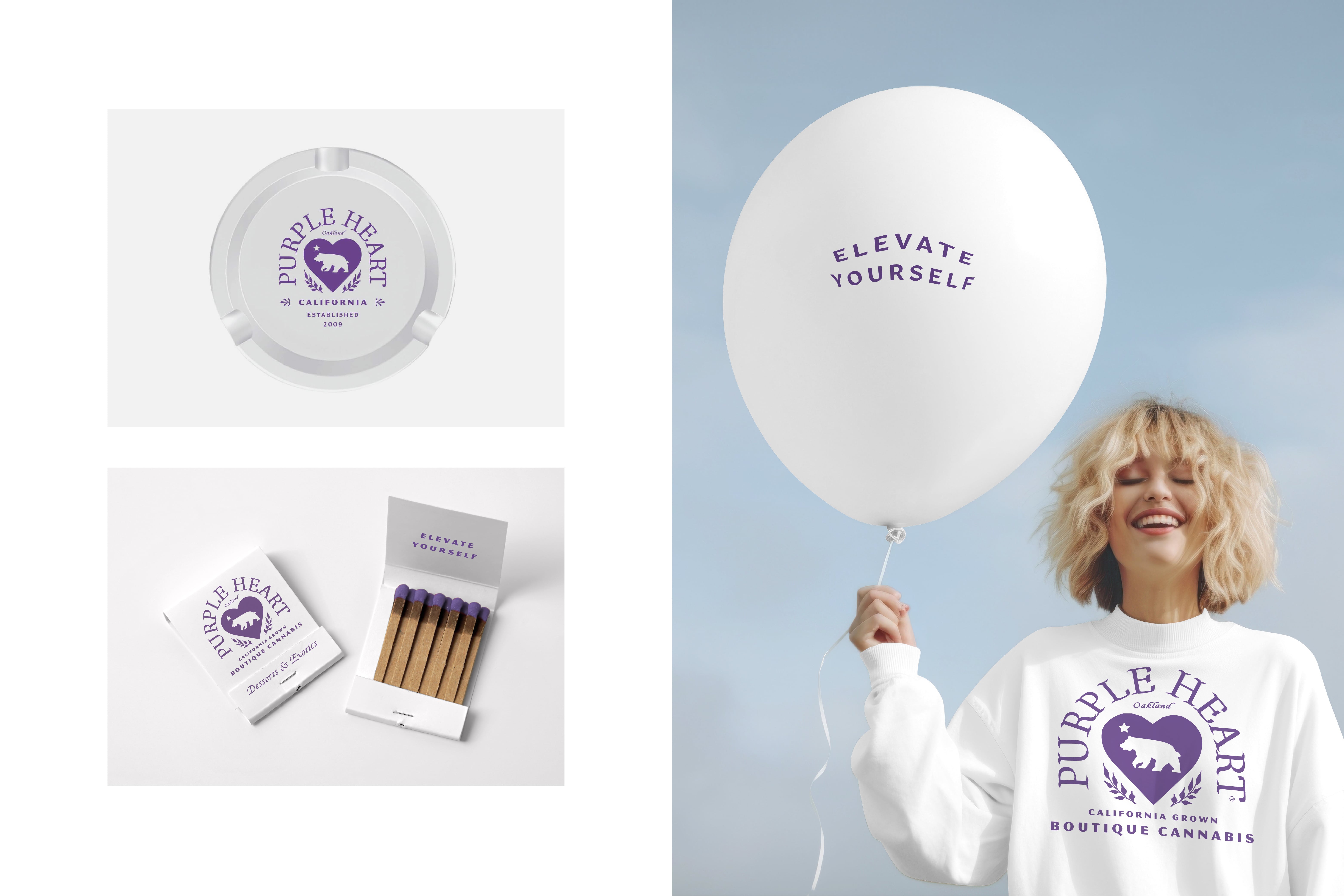 Purple Heart Boutique Cannabis branded merchandise - Ashtray, matches, t-shirt and hoodies designed by Juli Shore Design 