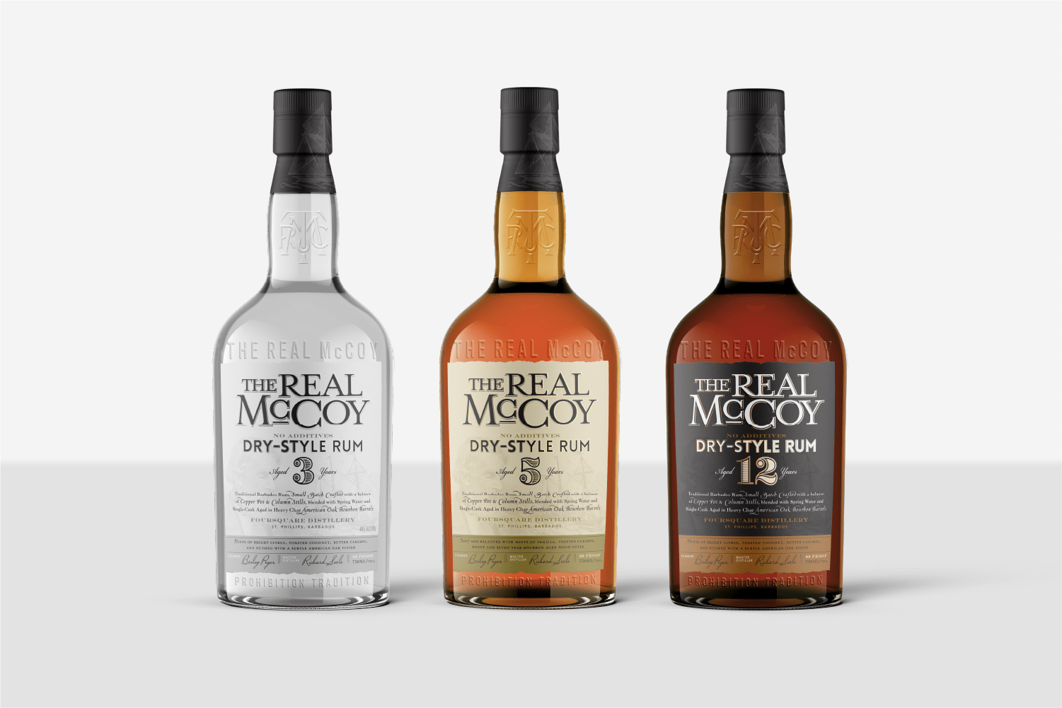 he Real McCoy bottle and label design concept for 3 year, 5 year and 12 year aged Rum