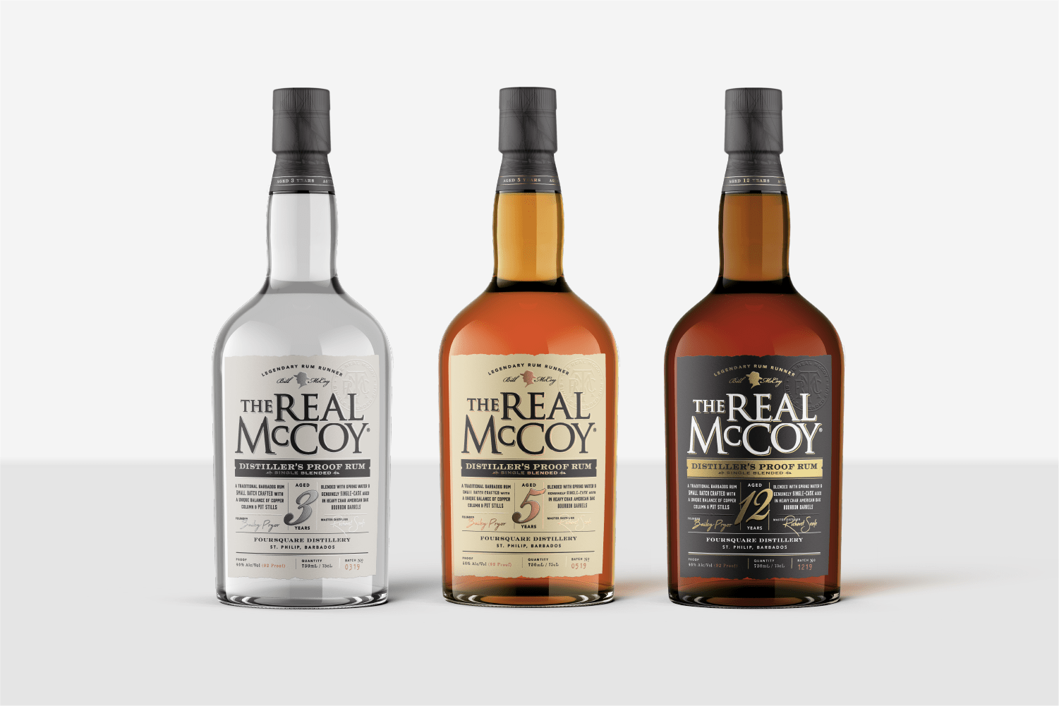 The Real McCoy Single Blended Distiller's Proof Rum, aged 3 years, aged 5 years and aged 12 years