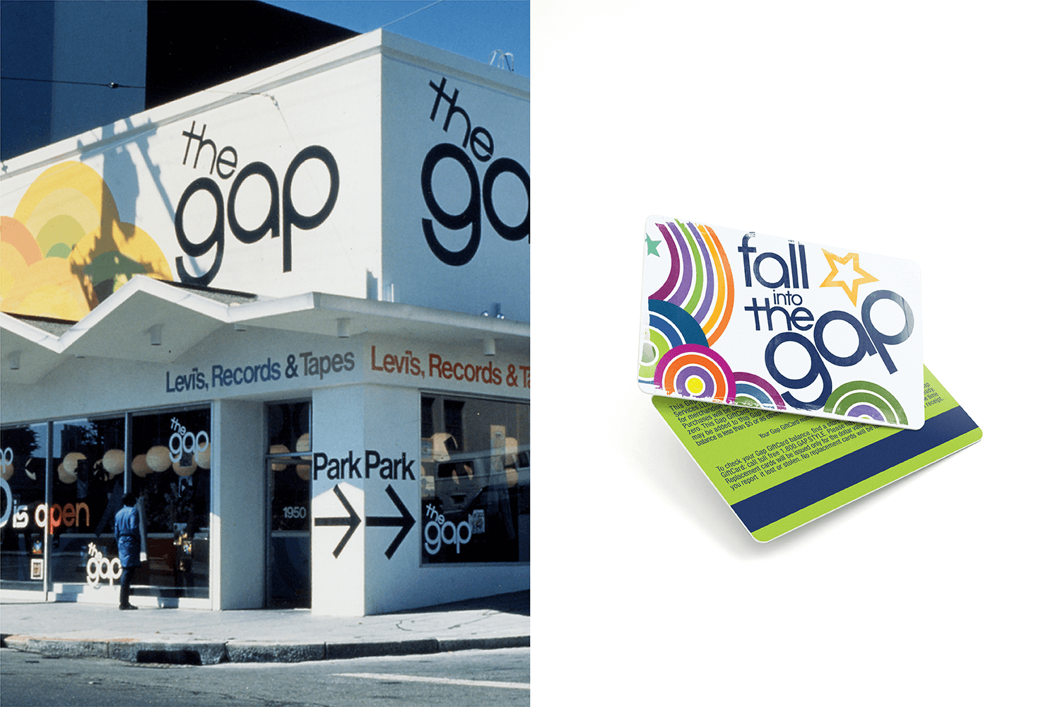 The original Gap location founded in 1969 as a jeans and record store and gift card design inspired by the Gap's original branding.