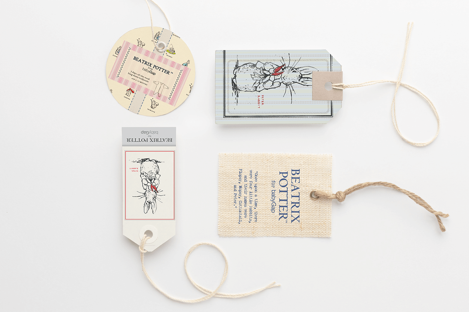 Hang tags for Baby Gap's product collaboration with Beatrix Potter, Peter the Rabitt.