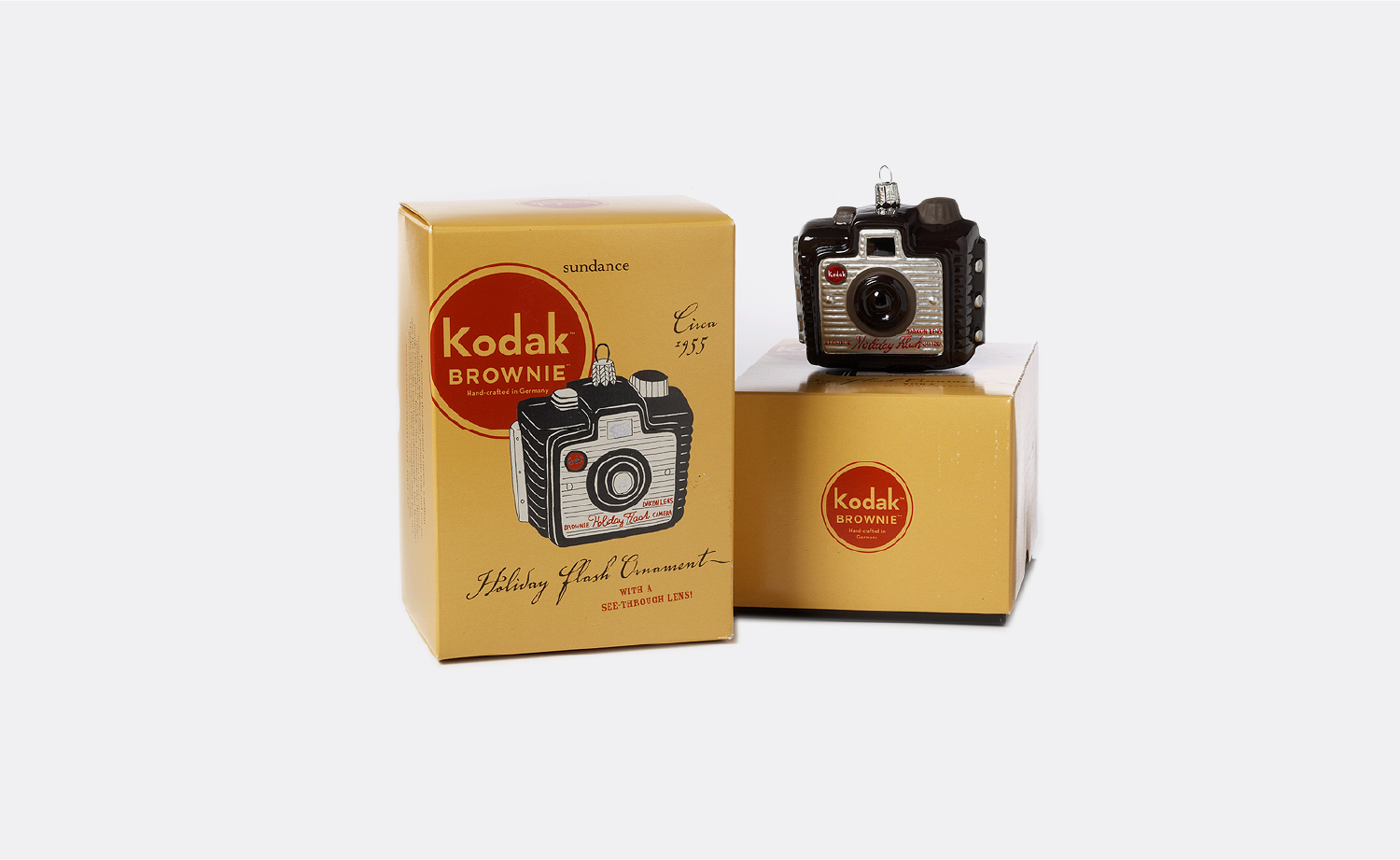Sundance Catalog Co. Kodak Brownie blown glass Holiday ornament packaging. 